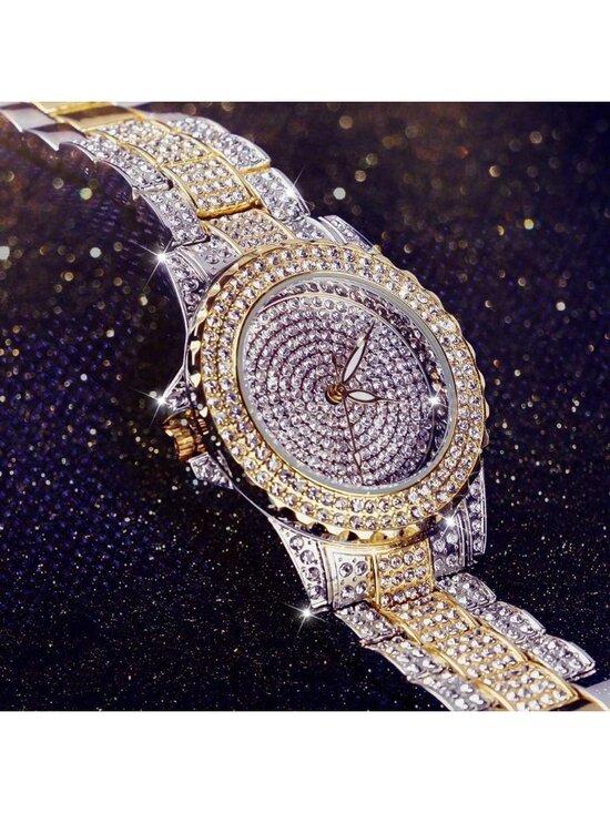 Women\'s Mix Gold Crystal Rhinestone Diamond Round Luxury Quartz Wrist Watch main image 6